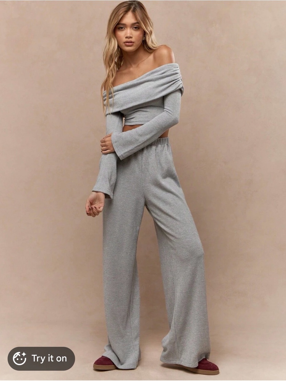 Missguided + Light Gray Off-Shoulder Ribbed Wide-Leg Pants Set